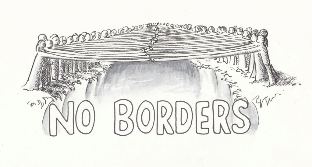 people reaching across a border